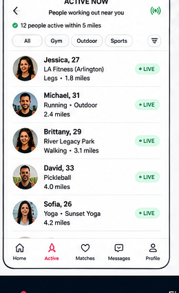 Ensemble Fitness Active Now list showing people working out nearby