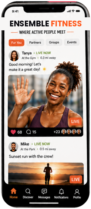 Ensemble Fitness feed screen showing members who are live and active nearby